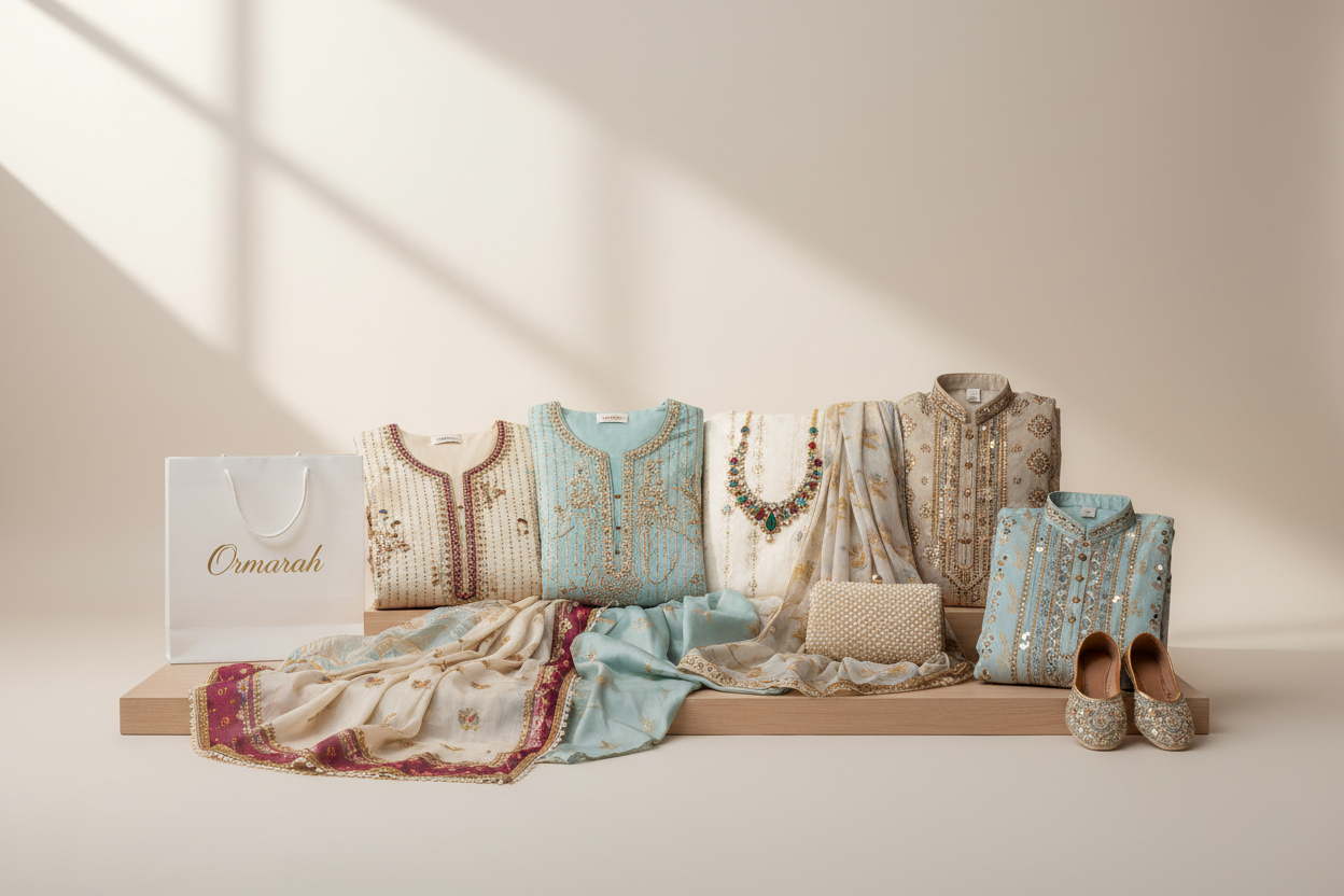 Collection of embroidered garments and accessories on a wooden platform with a soft light background.