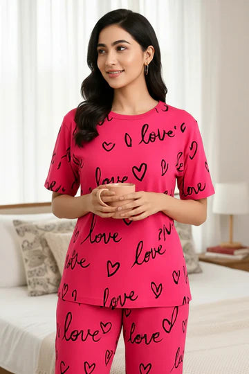 PINK LOVE PRINT COMFORTWEAR SUIT